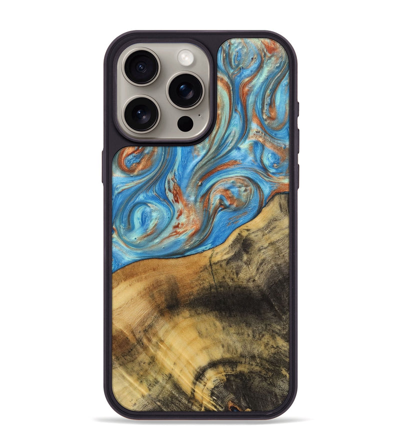 iPhone 15 Pro Max Wood+Resin Phone Case - Ana (Teal & Gold, 720102)