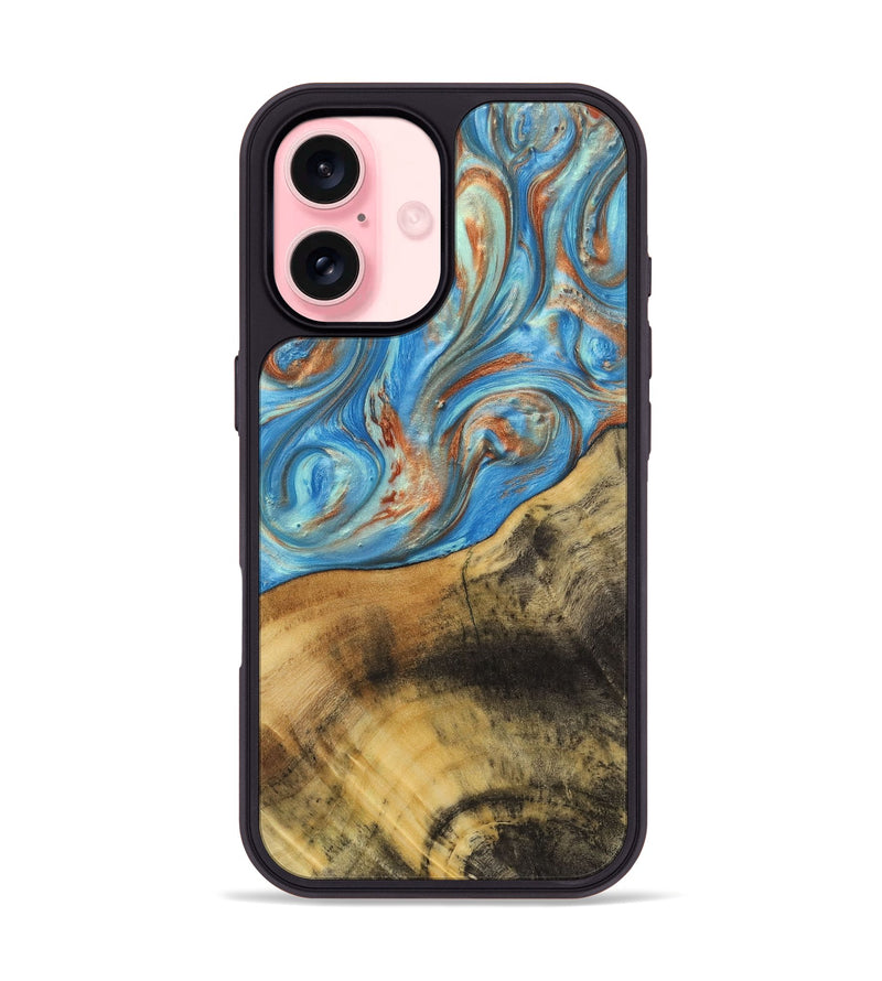 iPhone 16 Wood+Resin Phone Case - Ana (Teal & Gold, 720102)