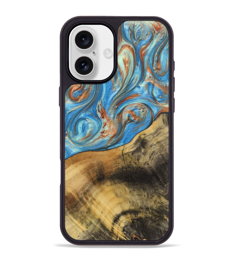 iPhone 16 Plus Wood+Resin Phone Case - Ana (Teal & Gold, 720102)