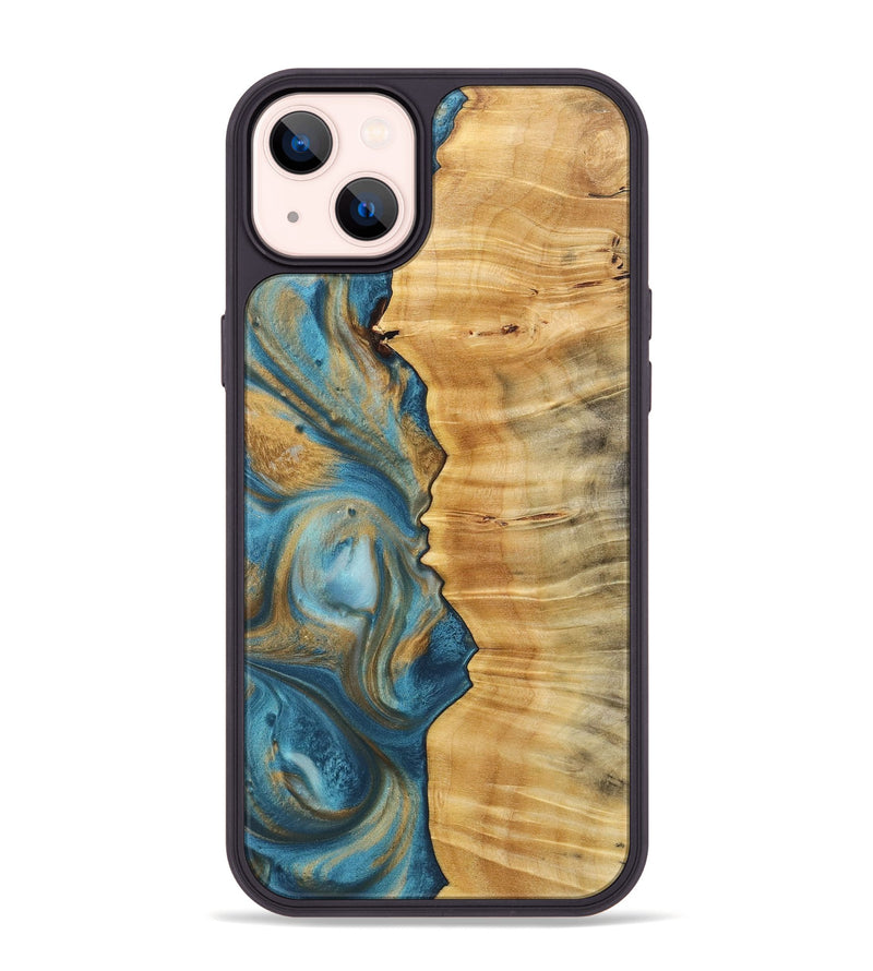 iPhone 14 Plus Wood+Resin Phone Case - Arabella (Teal & Gold, 720104)