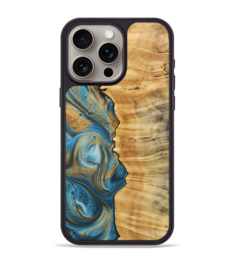 iPhone 15 Pro Max Wood+Resin Phone Case - Arabella (Teal & Gold, 720104)