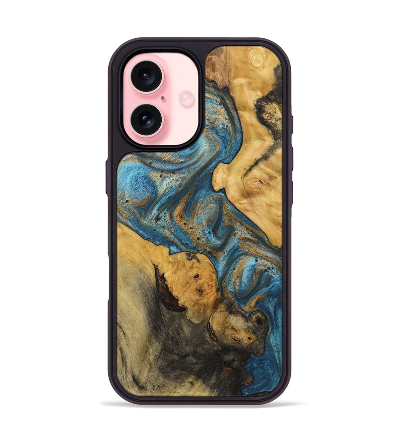 iPhone 16 Wood+Resin Phone Case - Christopher (Teal & Gold, 720107)