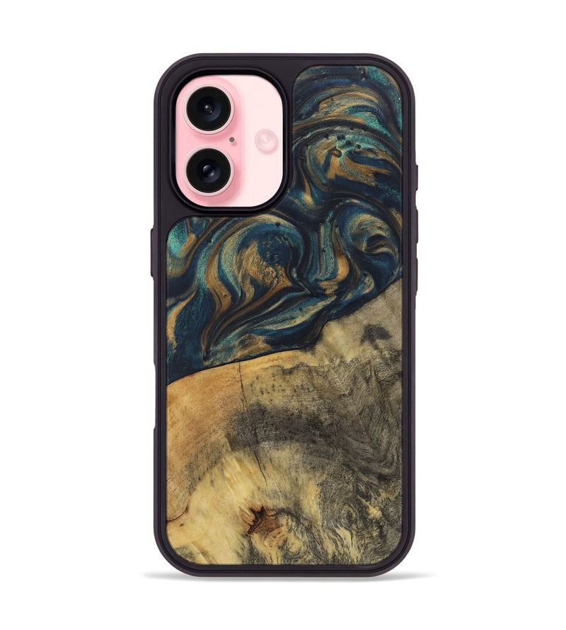 iPhone 16 Wood+Resin Phone Case - Kali (Teal & Gold, 720110)