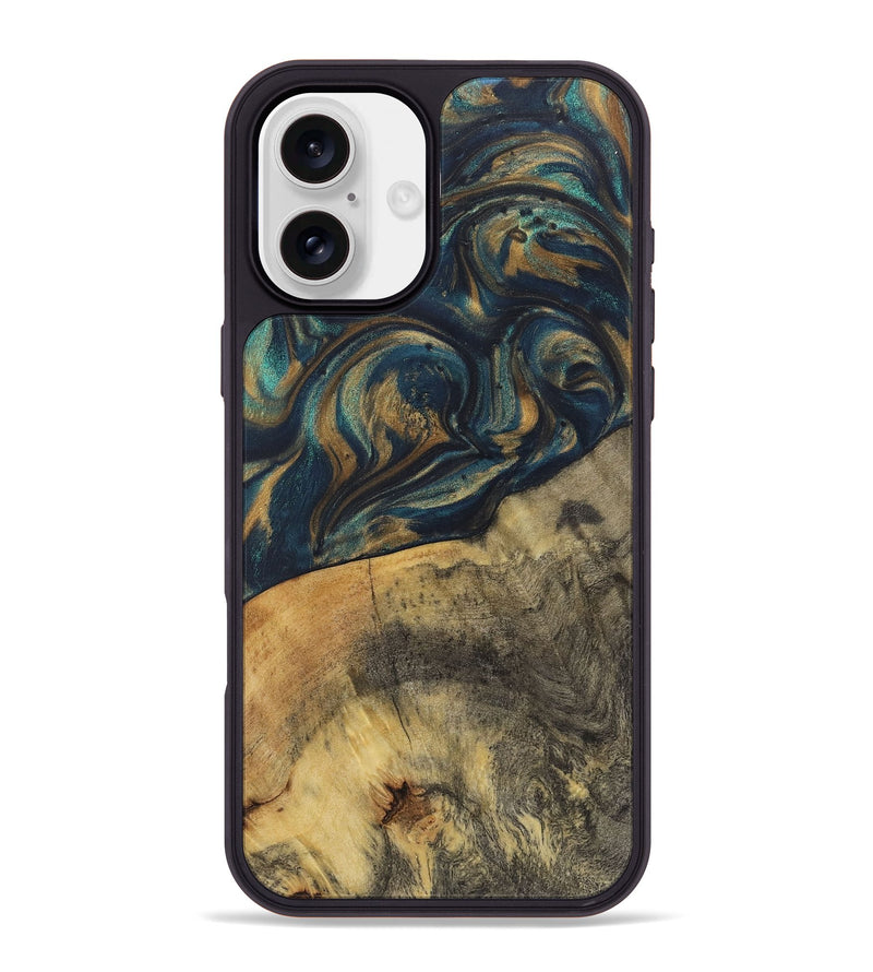 iPhone 16 Plus Wood+Resin Phone Case - Kali (Teal & Gold, 720110)