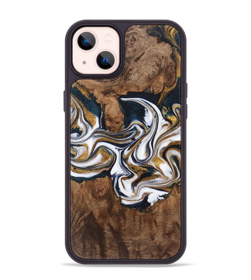 iPhone 14 Plus Wood+Resin Phone Case - Oaklynn (Teal & Gold, 720114)