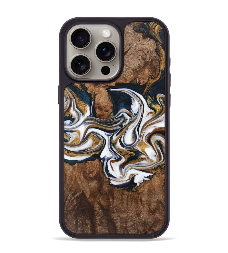 iPhone 15 Pro Max Wood+Resin Phone Case - Oaklynn (Teal & Gold, 720114)