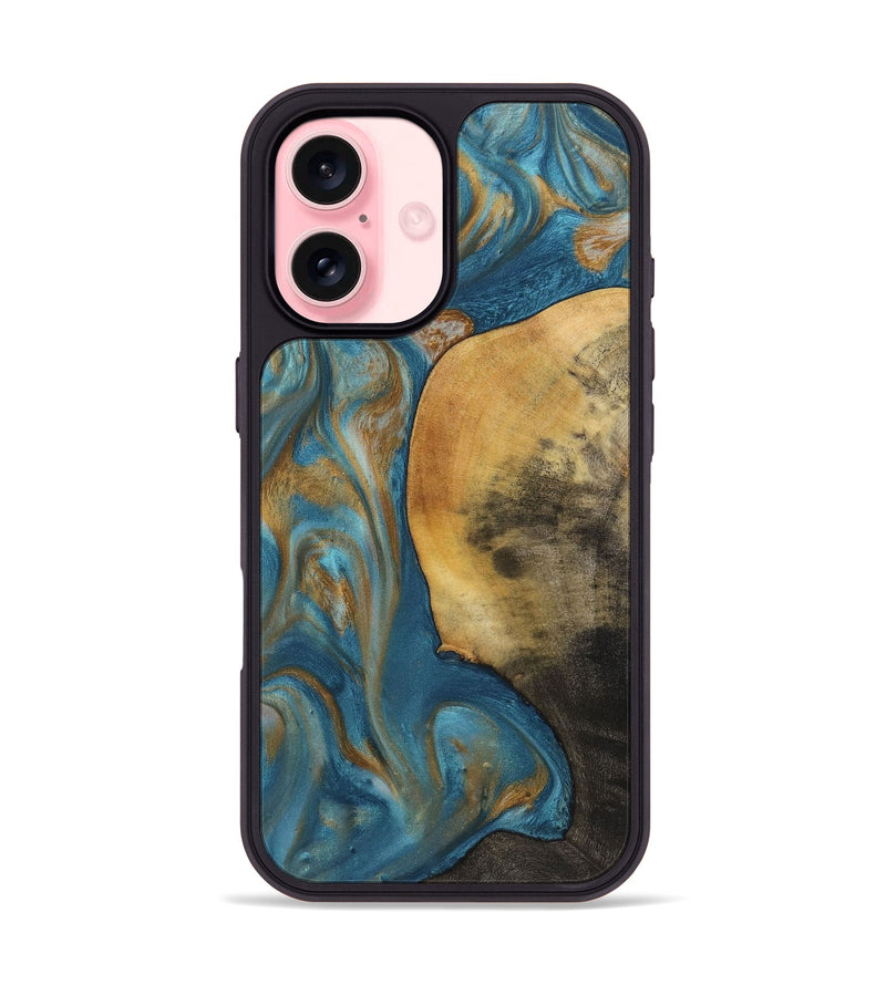 iPhone 16 Wood+Resin Phone Case - Callum (Teal & Gold, 720115)