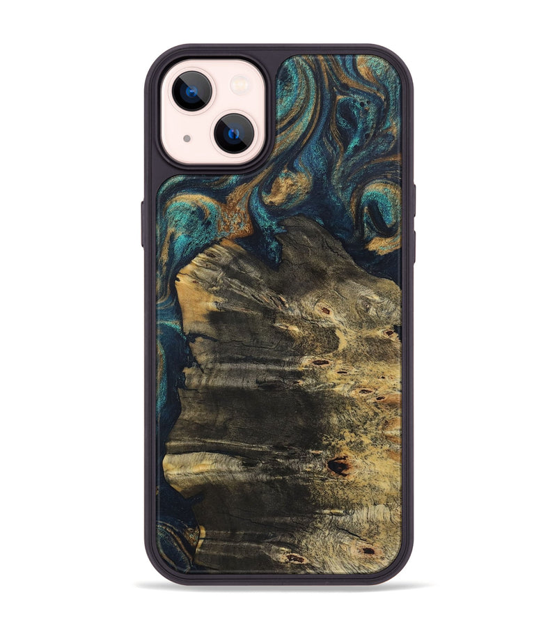 iPhone 14 Plus Wood+Resin Phone Case - Autumn (Teal & Gold, 720116)