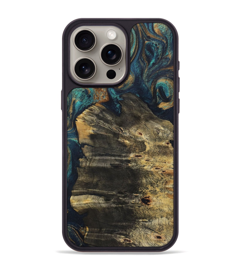 iPhone 15 Pro Max Wood+Resin Phone Case - Autumn (Teal & Gold, 720116)