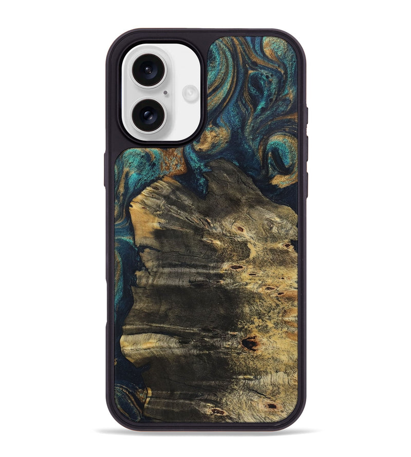 iPhone 16 Plus Wood+Resin Phone Case - Autumn (Teal & Gold, 720116)