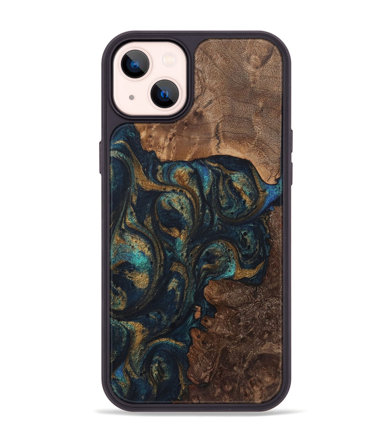 iPhone 14 Plus Wood+Resin Phone Case - Laurence (Teal & Gold, 720117)