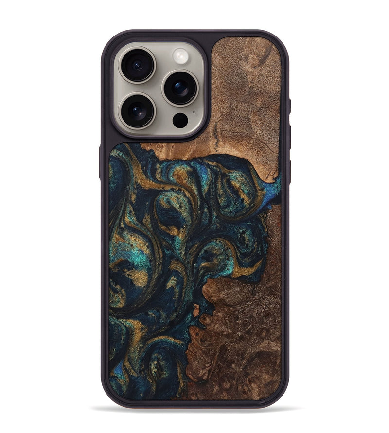 iPhone 15 Pro Max Wood+Resin Phone Case - Laurence (Teal & Gold, 720117)