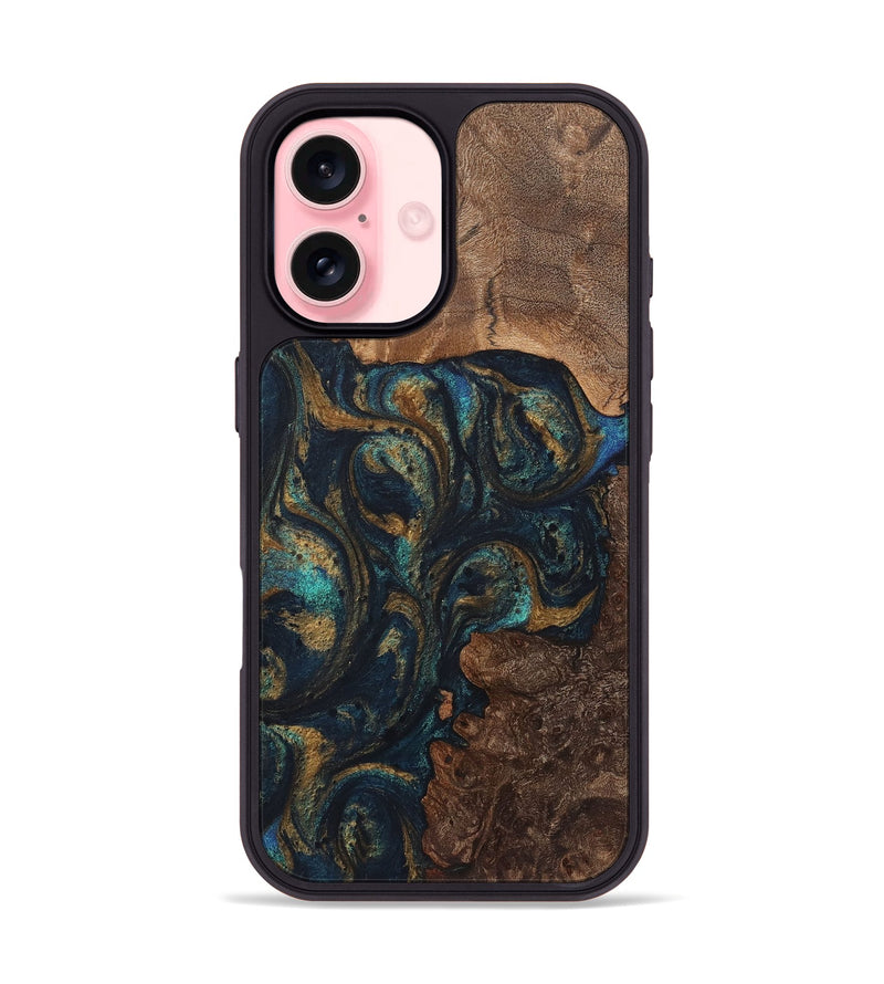 iPhone 16 Wood+Resin Phone Case - Laurence (Teal & Gold, 720117)