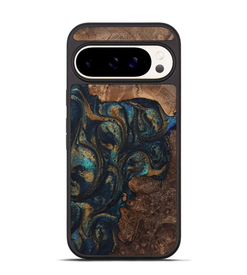 Pixel 9 Pro Wood+Resin Phone Case - Laurence (Teal & Gold, 720117)