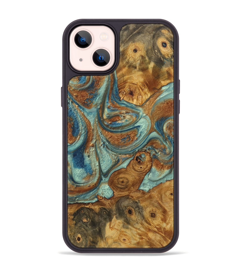 iPhone 14 Plus Wood+Resin Phone Case - Lynn (Teal & Gold, 720118)