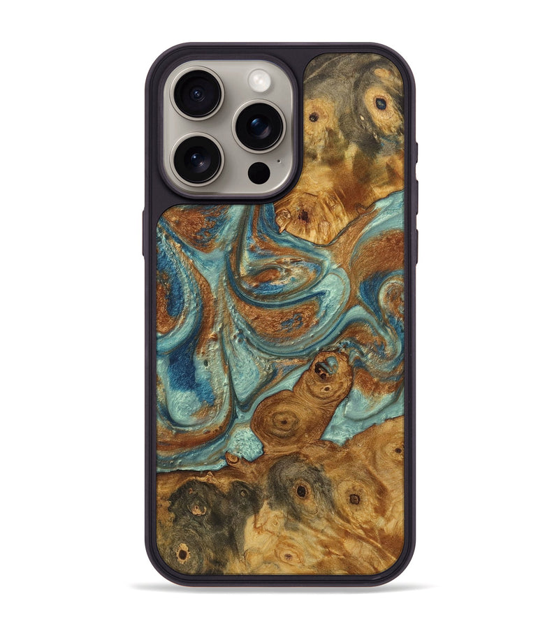 iPhone 15 Pro Max Wood+Resin Phone Case - Lynn (Teal & Gold, 720118)