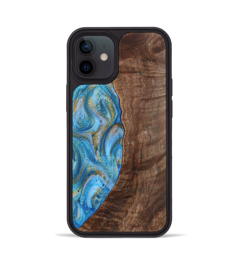 iPhone 12 Wood+Resin Phone Case - Christine (Teal & Gold, 720122)