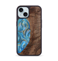 iPhone 15 Wood+Resin Phone Case - Christine (Teal & Gold, 720122)