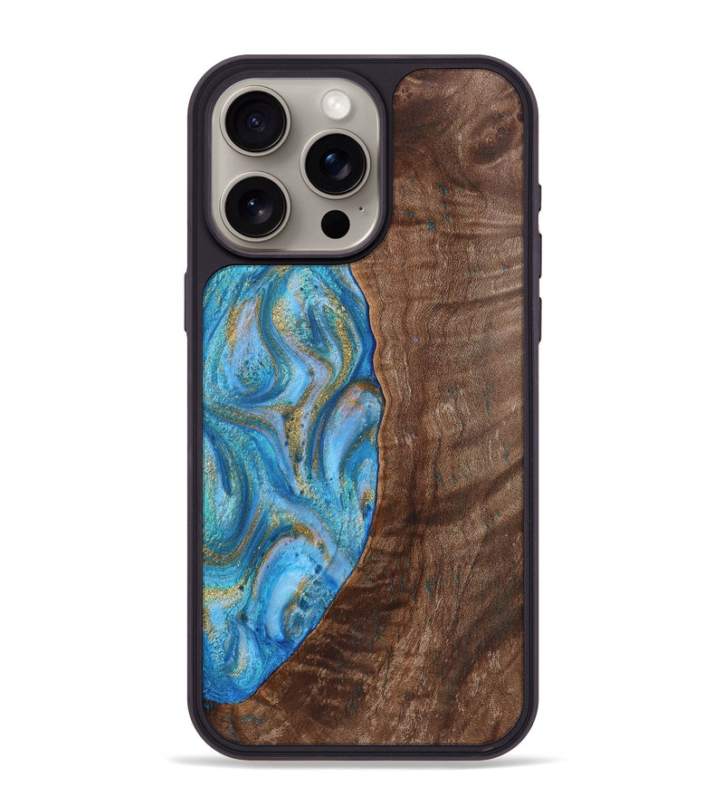 iPhone 15 Pro Max Wood+Resin Phone Case - Christine (Teal & Gold, 720122)