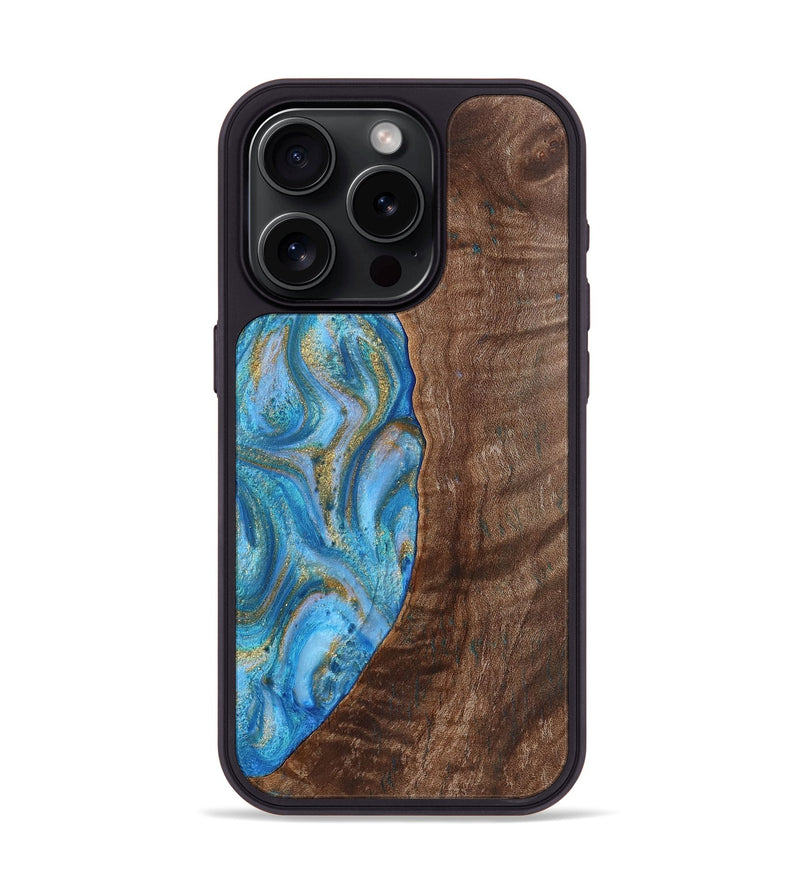 iPhone 15 Pro Wood+Resin Phone Case - Christine (Teal & Gold, 720122)