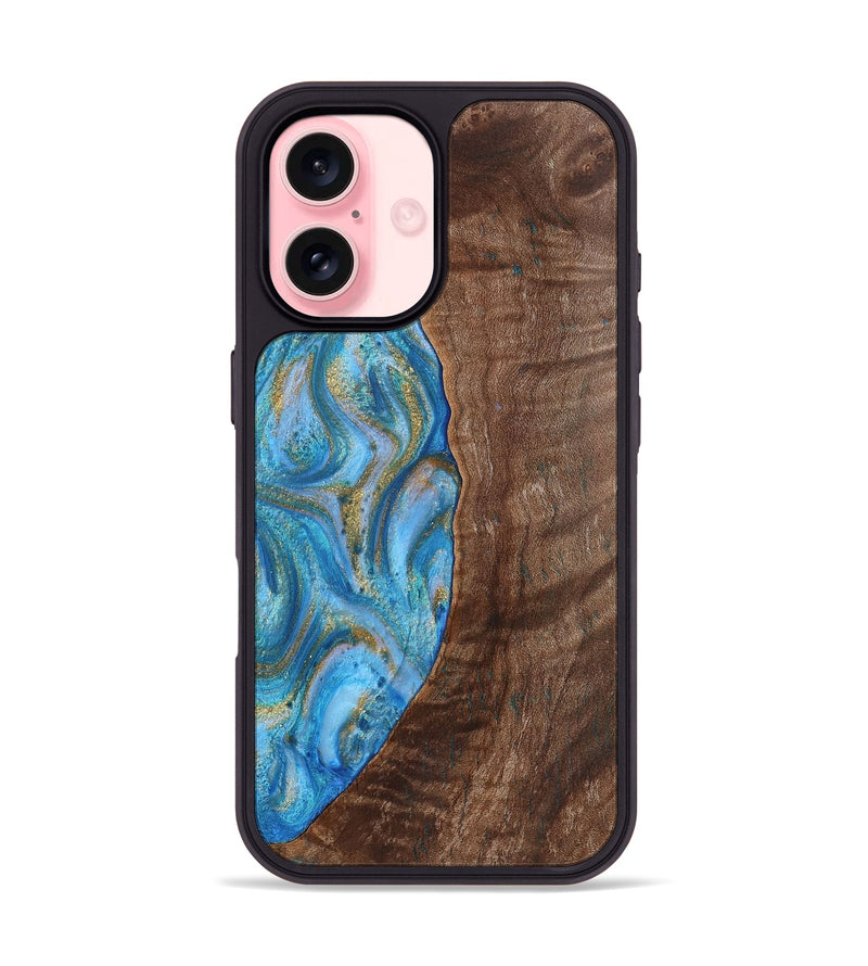 iPhone 16 Wood+Resin Phone Case - Christine (Teal & Gold, 720122)