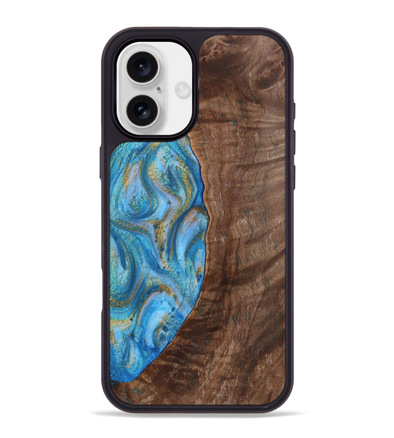 iPhone 16 Plus Wood+Resin Phone Case - Christine (Teal & Gold, 720122)