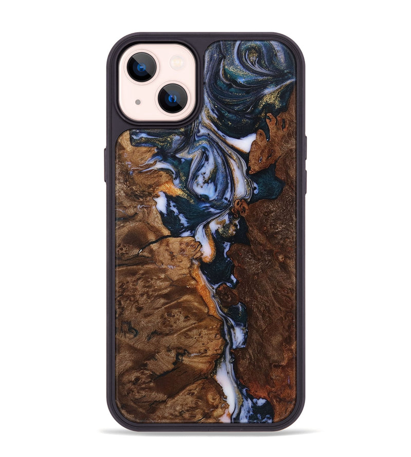 iPhone 14 Plus Wood+Resin Phone Case - Landen (Teal & Gold, 720123)