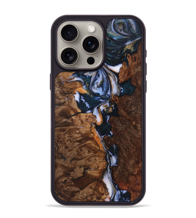 iPhone 15 Pro Max Wood+Resin Phone Case - Landen (Teal & Gold, 720123)