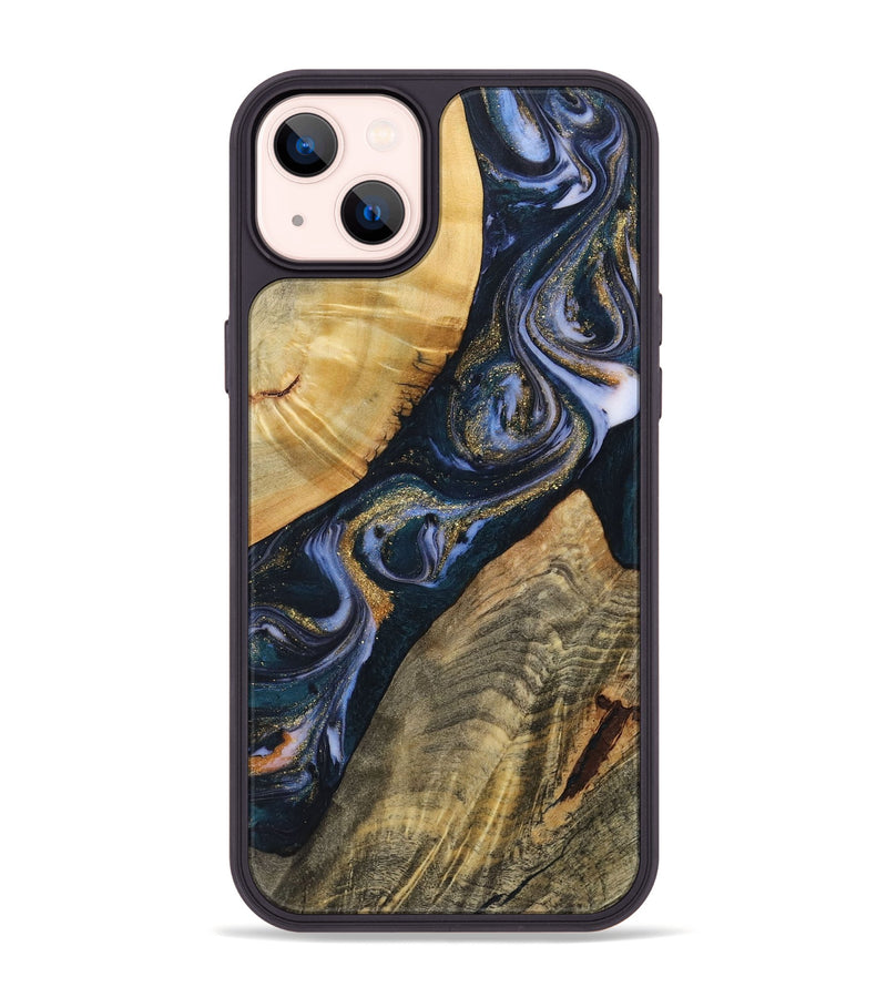 iPhone 14 Plus Wood+Resin Phone Case - Easton (Teal & Gold, 720125)