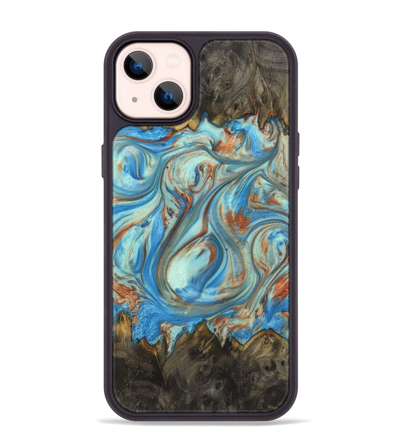 iPhone 14 Plus Wood+Resin Phone Case - Emilia (Teal & Gold, 720126)