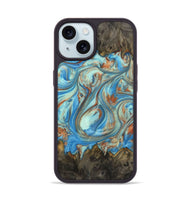 iPhone 15 Wood+Resin Phone Case - Emilia (Teal & Gold, 720126)