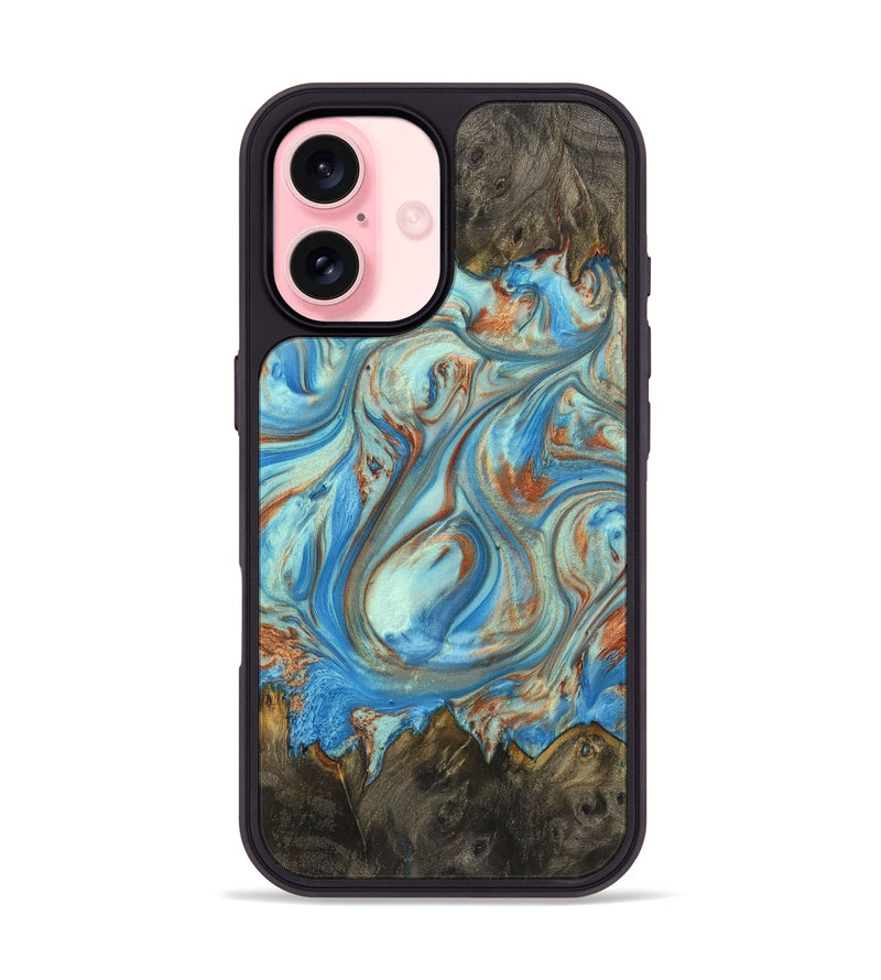 iPhone 16 Wood+Resin Phone Case - Emilia (Teal & Gold, 720126)