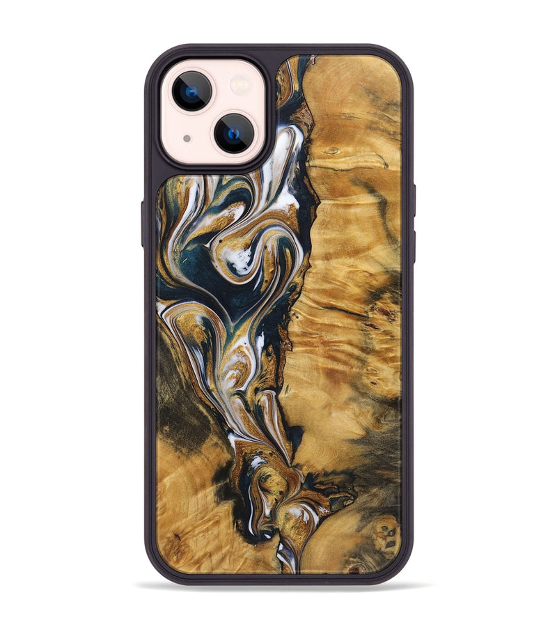 iPhone 14 Plus Wood+Resin Phone Case - Veronica (Teal & Gold, 720127)