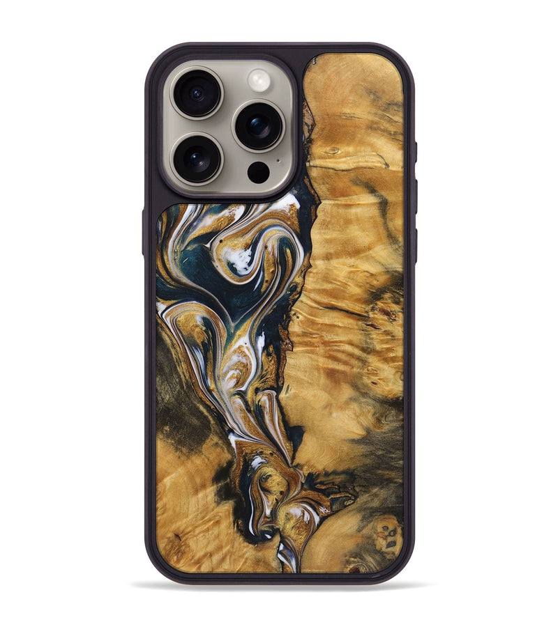 iPhone 15 Pro Max Wood+Resin Phone Case - Veronica (Teal & Gold, 720127)