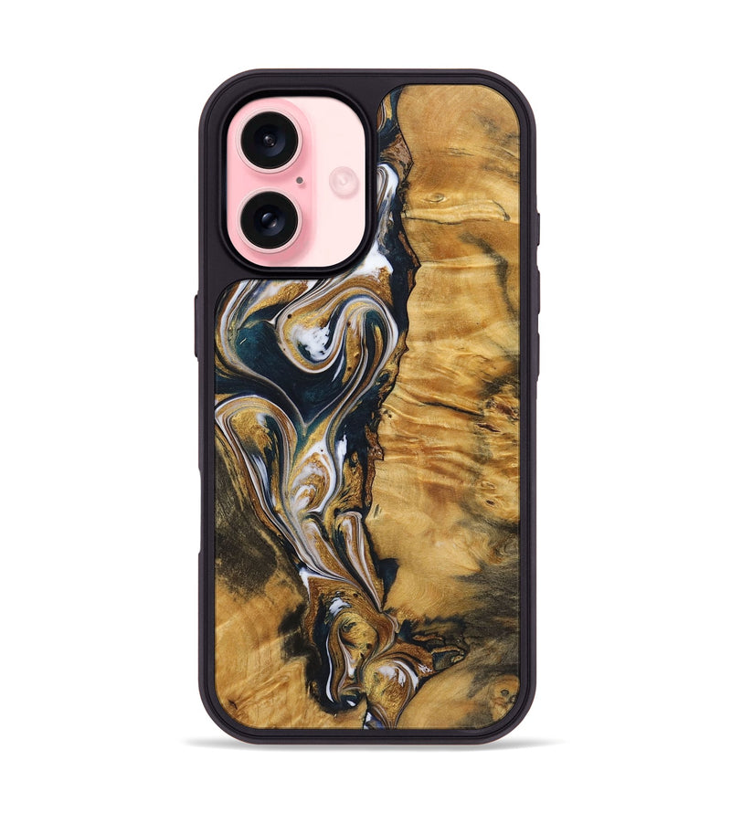 iPhone 16 Wood+Resin Phone Case - Veronica (Teal & Gold, 720127)