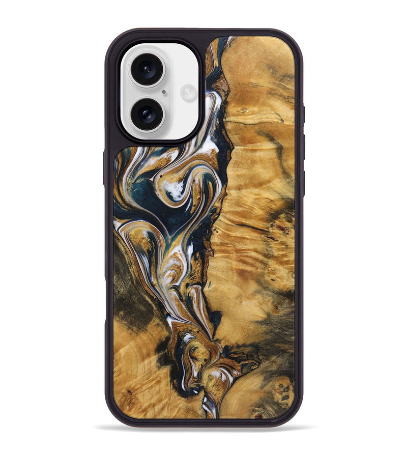 iPhone 16 Plus Wood+Resin Phone Case - Veronica (Teal & Gold, 720127)