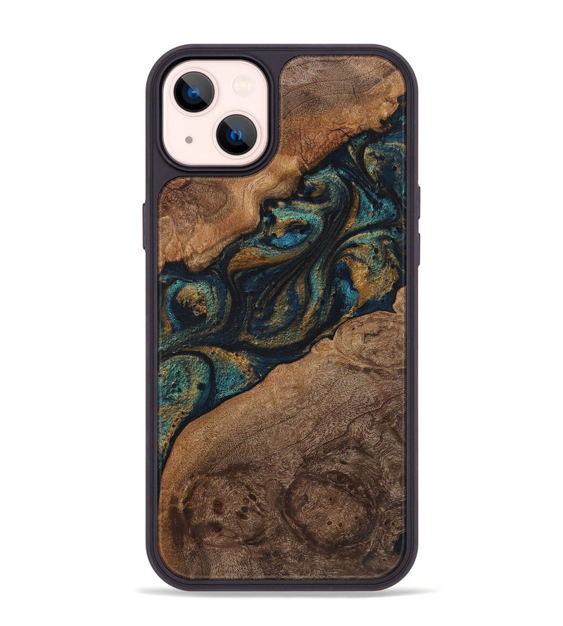 iPhone 14 Plus Wood+Resin Phone Case - Rudy (Teal & Gold, 720130)