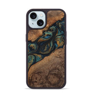 iPhone 15 Wood+Resin Phone Case - Rudy (Teal & Gold, 720130)