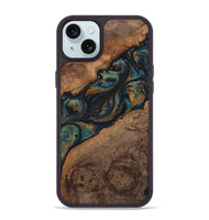 iPhone 15 Plus Wood+Resin Phone Case - Rudy (Teal & Gold, 720130)