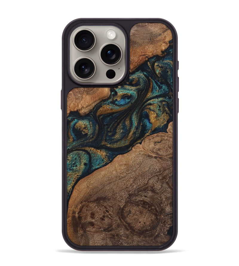 iPhone 15 Pro Max Wood+Resin Phone Case - Rudy (Teal & Gold, 720130)