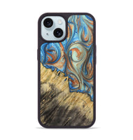 iPhone 15 Wood+Resin Phone Case - Cecil (Teal & Gold, 720131)