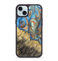 iPhone 15 Plus Wood+Resin Phone Case - Cecil (Teal & Gold, 720131)