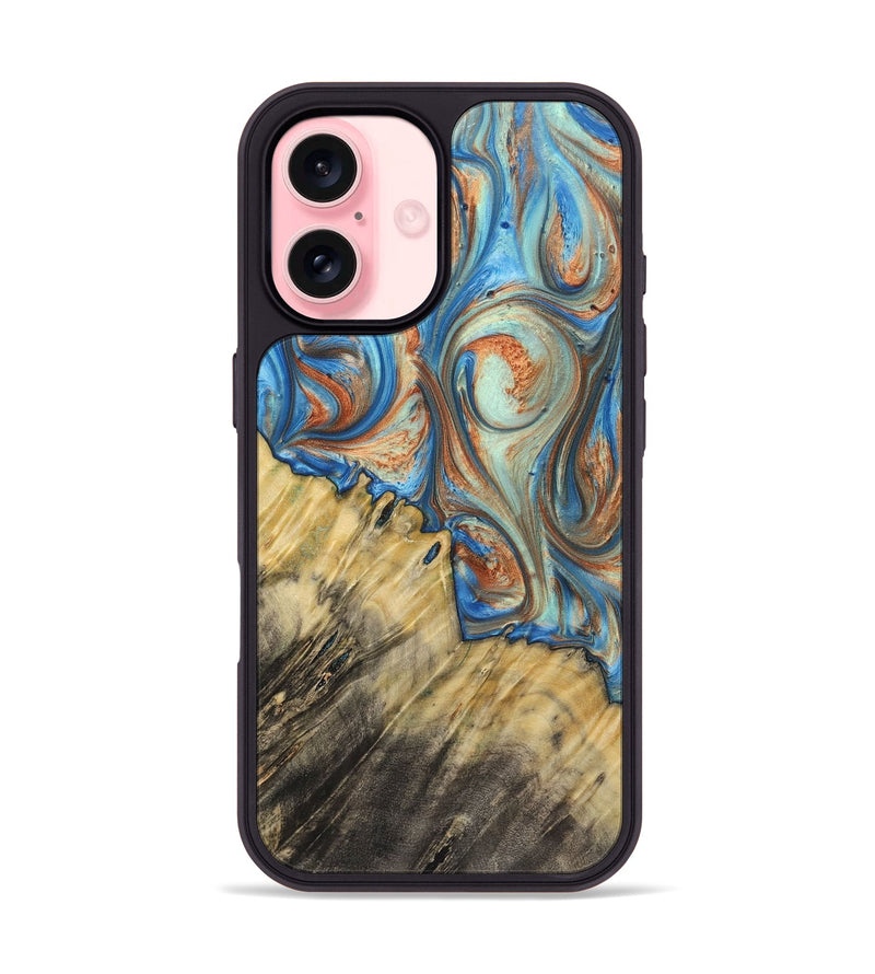 iPhone 16 Wood+Resin Phone Case - Cecil (Teal & Gold, 720131)