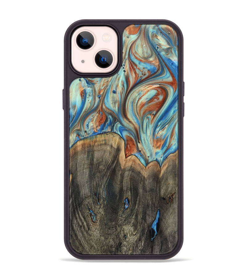 iPhone 14 Plus Wood+Resin Phone Case - Amara (Teal & Gold, 720132)