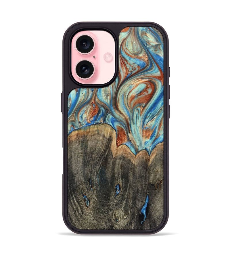 iPhone 16 Wood+Resin Phone Case - Amara (Teal & Gold, 720132)