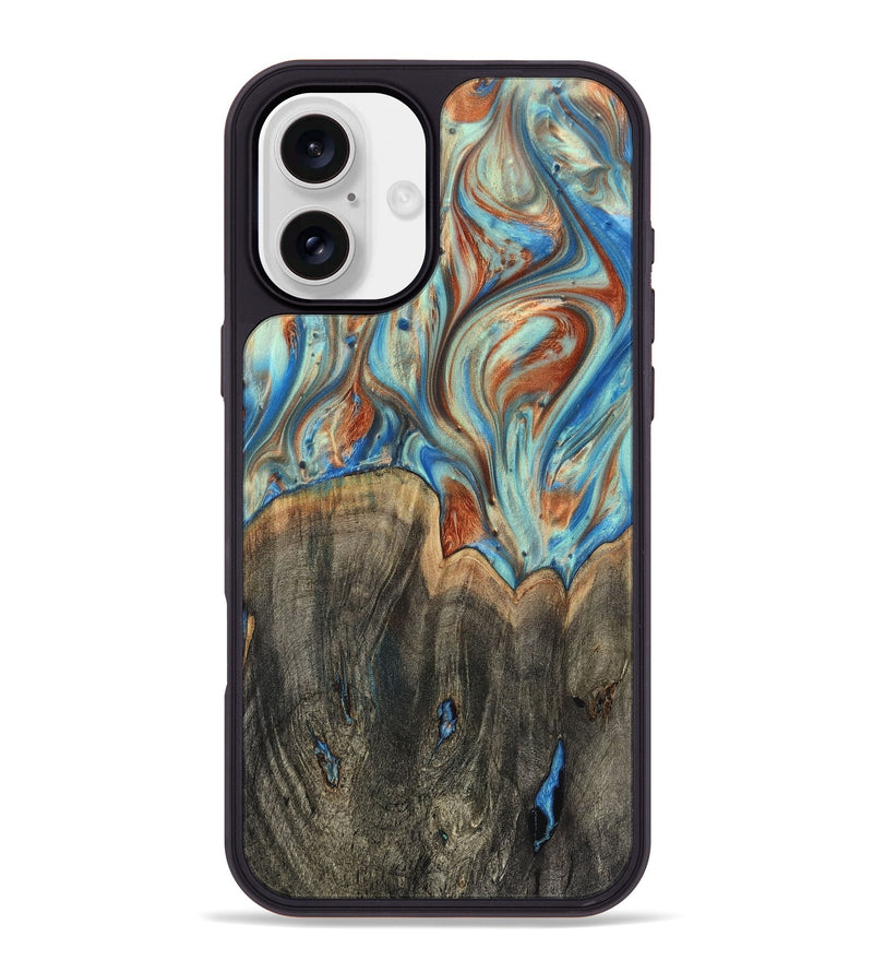 iPhone 16 Plus Wood+Resin Phone Case - Amara (Teal & Gold, 720132)