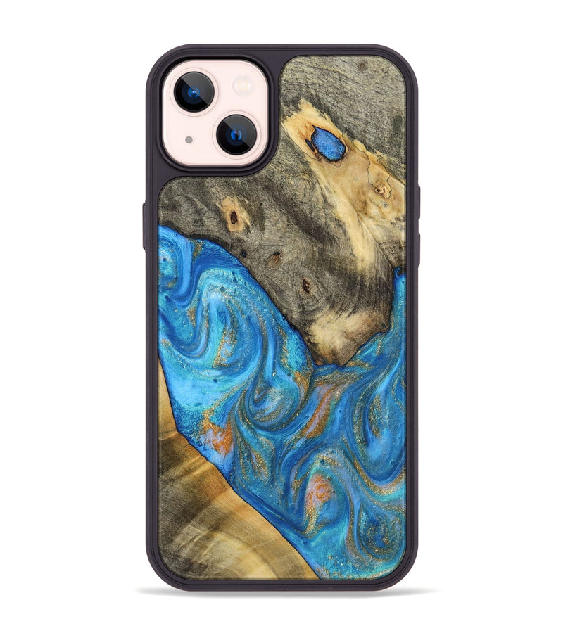 iPhone 14 Plus Wood+Resin Phone Case - Raul (Teal & Gold, 720133)