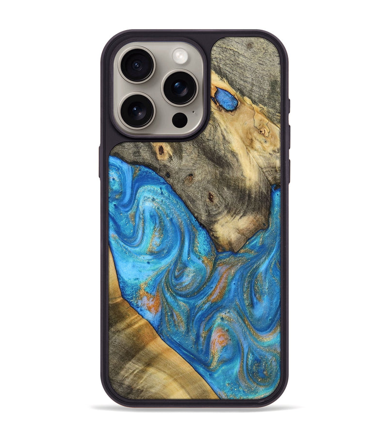 iPhone 15 Pro Max Wood+Resin Phone Case - Raul (Teal & Gold, 720133)