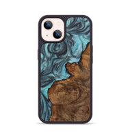 iPhone 14 Wood+Resin Phone Case - Henrietta (Teal & Gold, 720139)