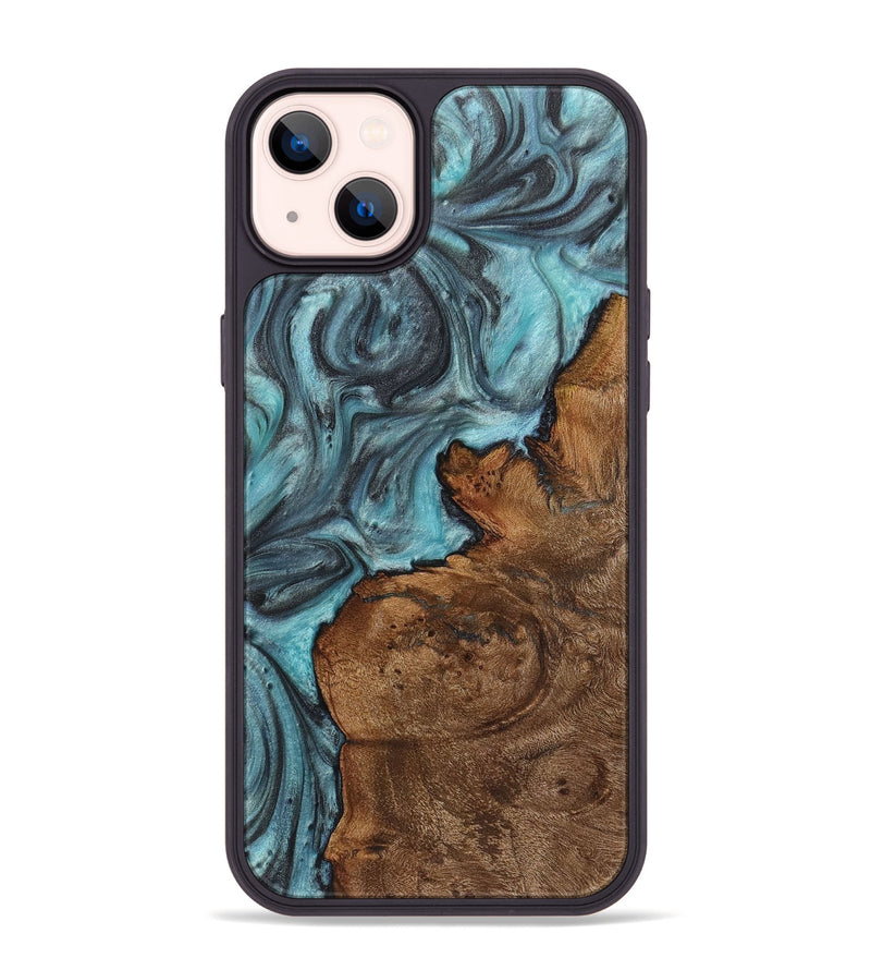 iPhone 14 Plus Wood+Resin Phone Case - Henrietta (Teal & Gold, 720139)